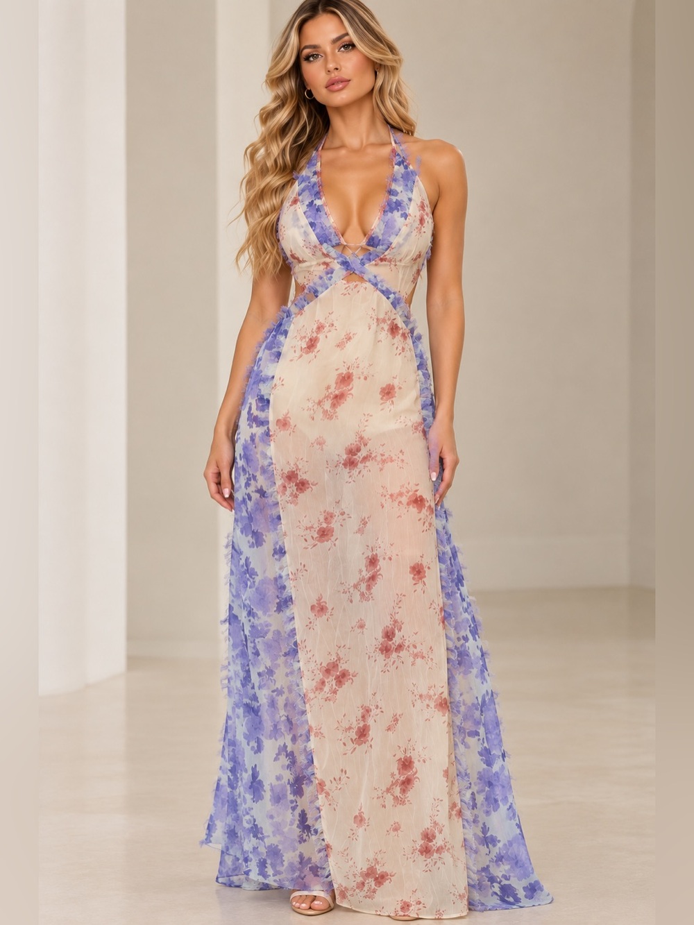 ASOS DESIGN Floral Chiffon Halter Maxi Dress Open Back Cutout Blue Cream